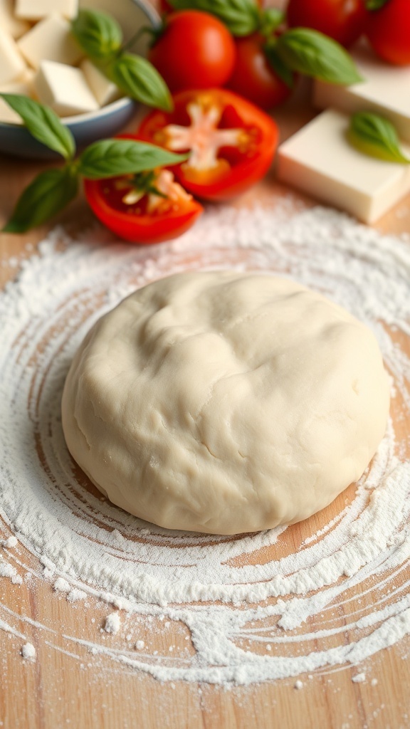Bread Machine Pizza Dough Recipe Fresh pizza dough ball on a floured surface with ingredients for pizza in the background.